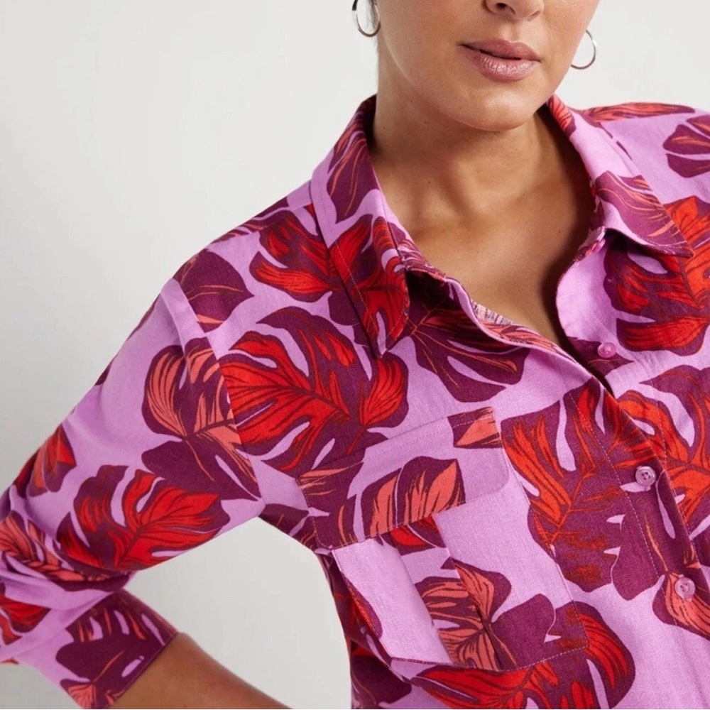 Sofia Jeans Linen Blend Tie Front Purple Red Floral Top Blouse Size Large